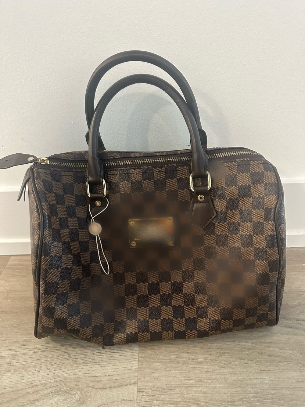 Brown Checkered Top-Handle Women's Bag
